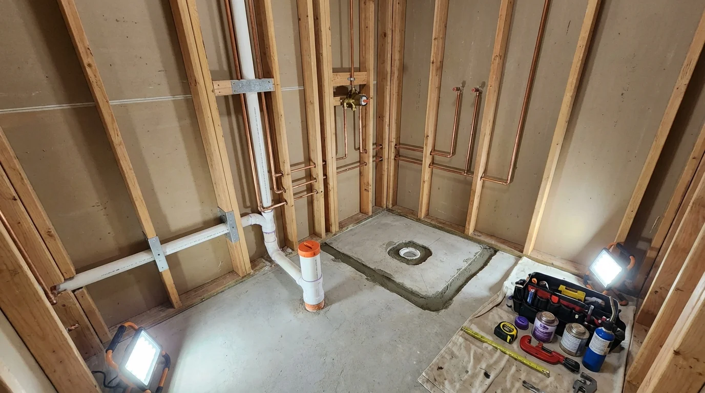 Bathroom rough-in plumbing during remodel by Johns Plumbing LLC in Lesage