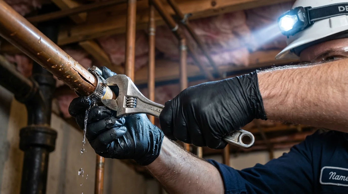 Emergency pipe clamp repair being performed by a Johns Plumbing LLC plumber in Lesage