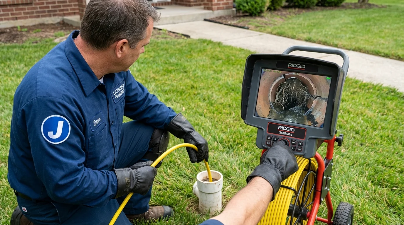 Sewer camera inspection being performed by Johns Plumbing LLC in Lesage