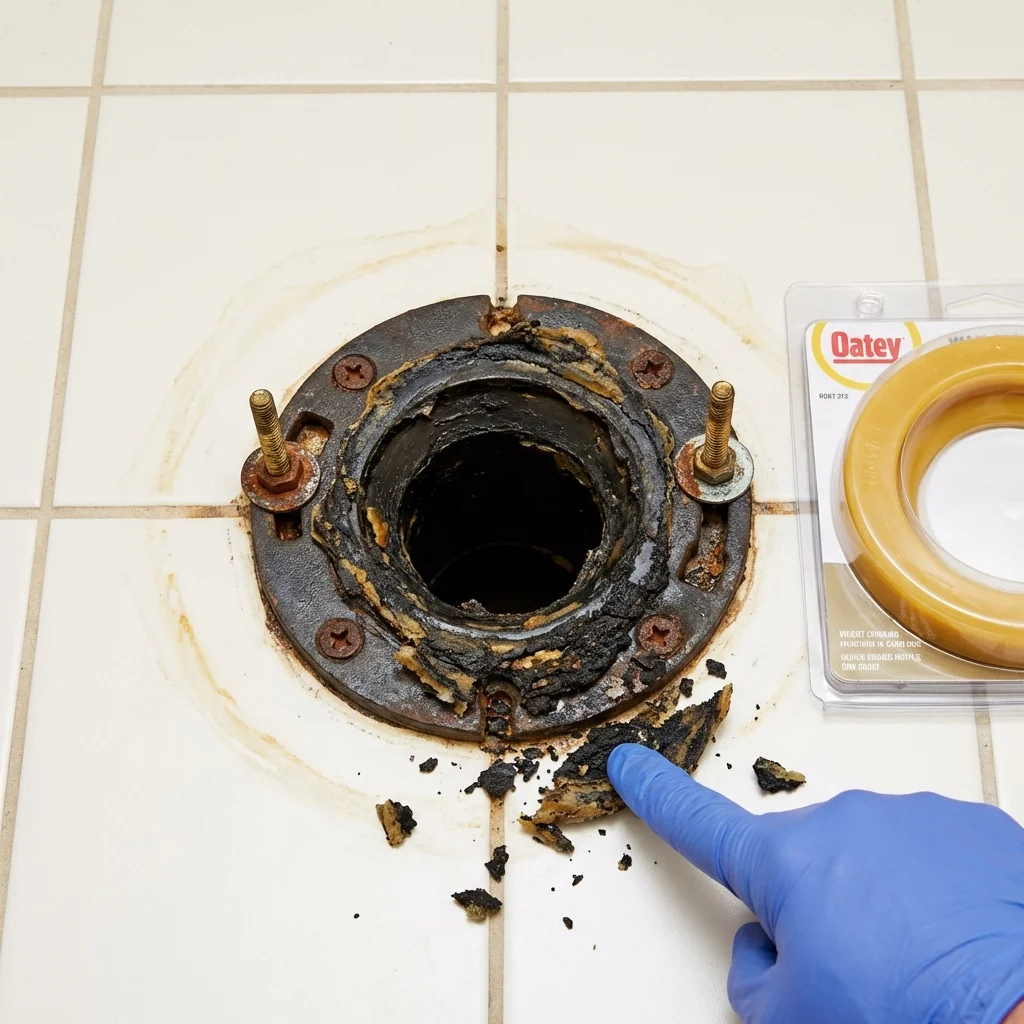 Failed wax ring showing water seepage at the base of a toilet in a Lesage, WV home