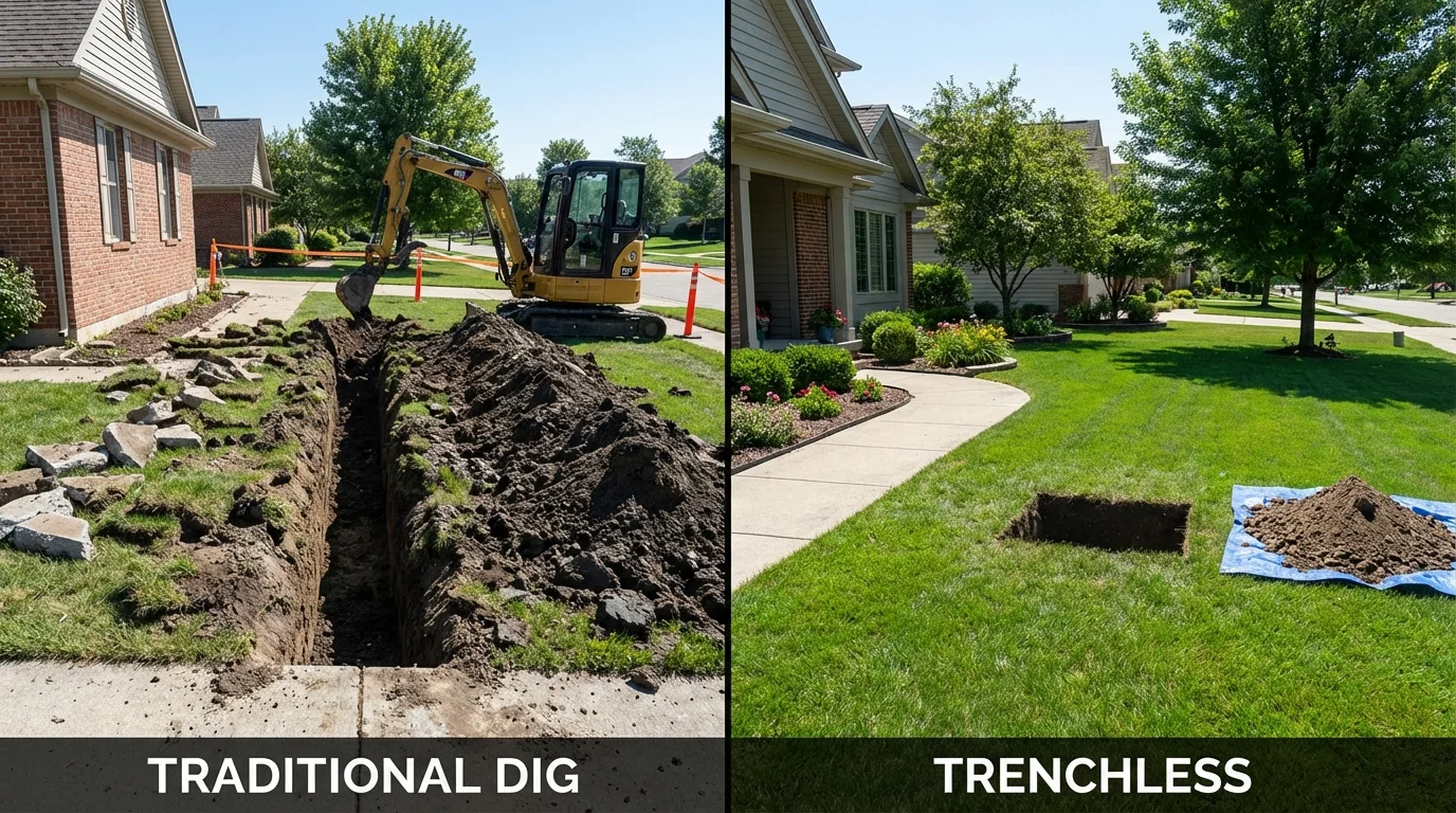 Trenchless sewer repair with minimal yard damage versus traditional excavation in Lesage, WV