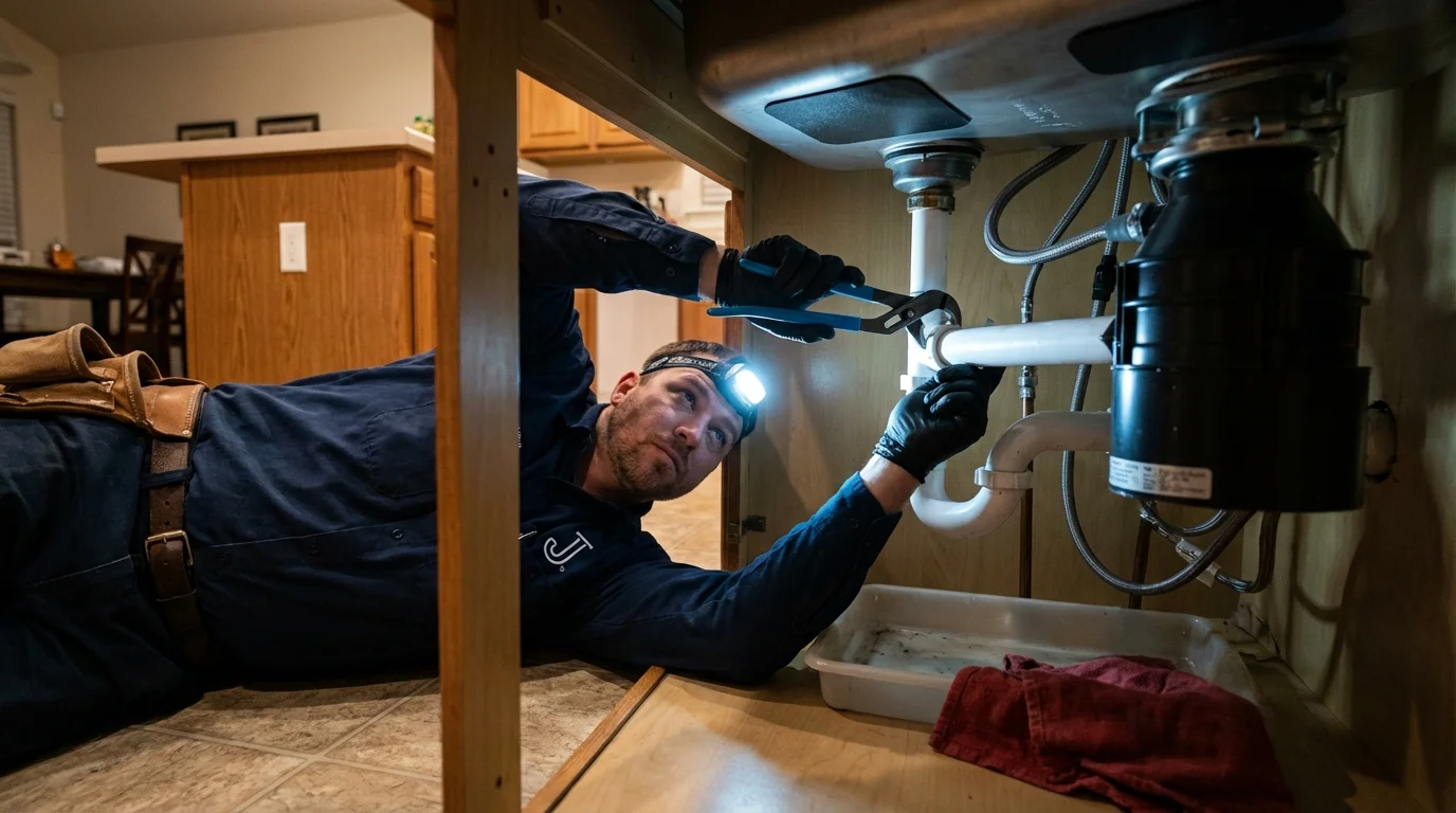 P-trap and supply line connections under a kitchen sink showing a common leak point in Lesage, WV
